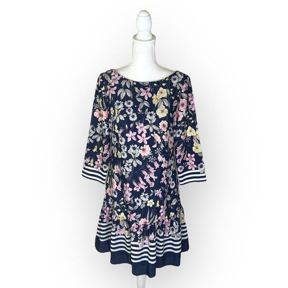 Eliza J Floral Striped Drop Waist Dress Size 6 Blue Pink Printed 3/4 Sleeve - Picture 4 of 12